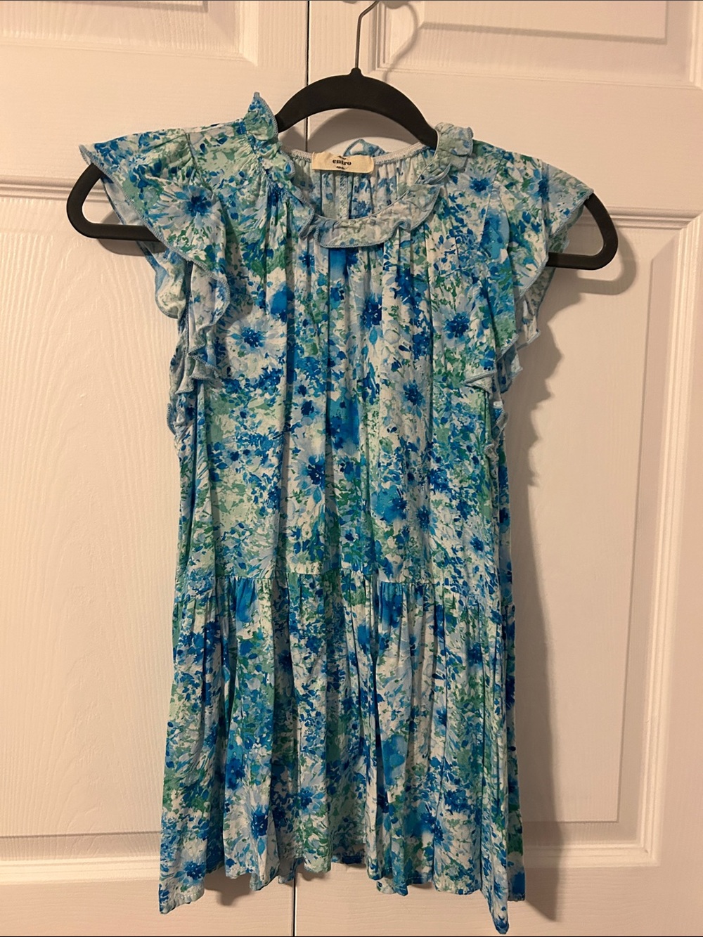 entro Blue & Green Floral Ruffle Top